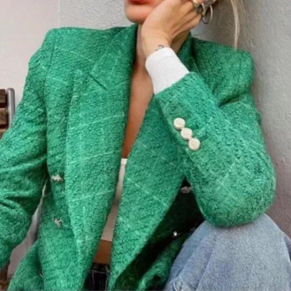 ZARA Balmain Style Double Breasted Blazer Textured Green - Picture 3 of 15